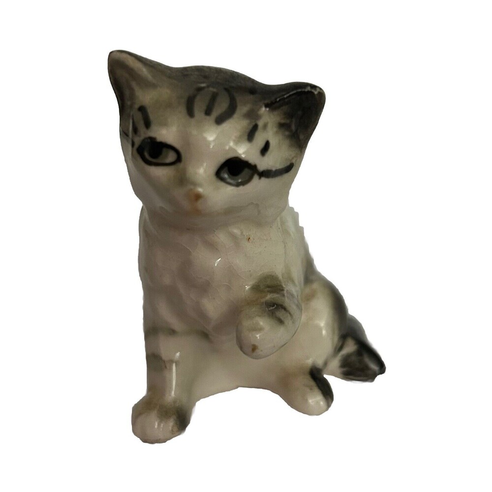 Vintage Porcelain Kitten Kitty Cat Figurine Gray Black White Tabby 2.25" Japan